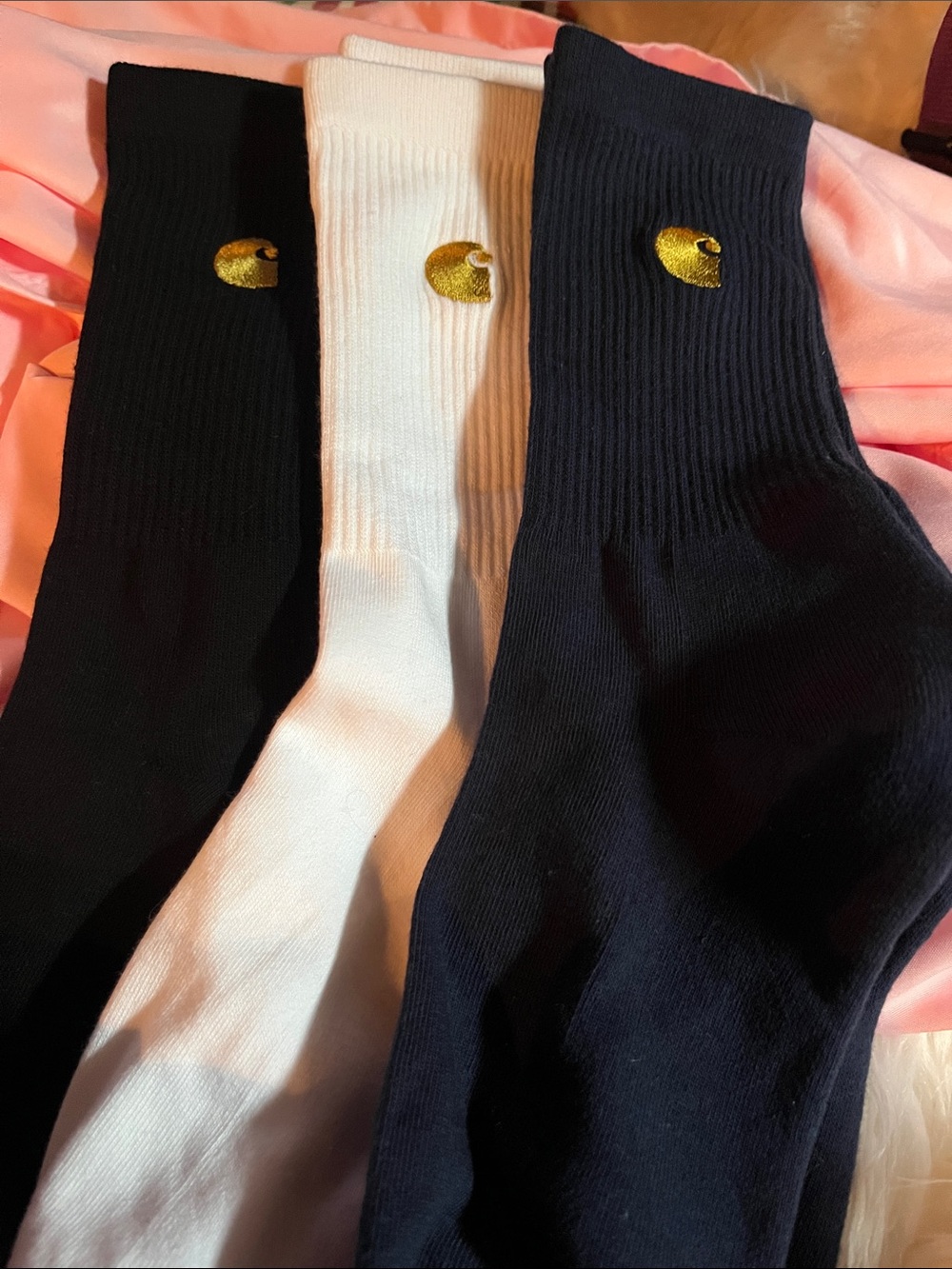 Carhartt 3-Pack Crew Socks in Black, White, Navy with Gold Logo